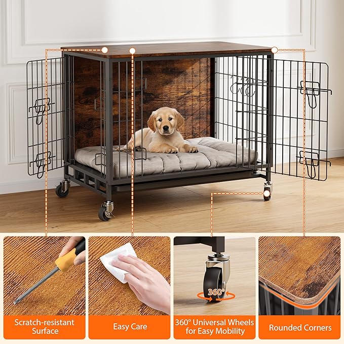 Dog Crate Furniture, 27.2" Small Dog Kennel Wooden Dog Crate with Pull-Out Tray, Double Doors, Modern End Table for Small/Medium Dogs, Grey