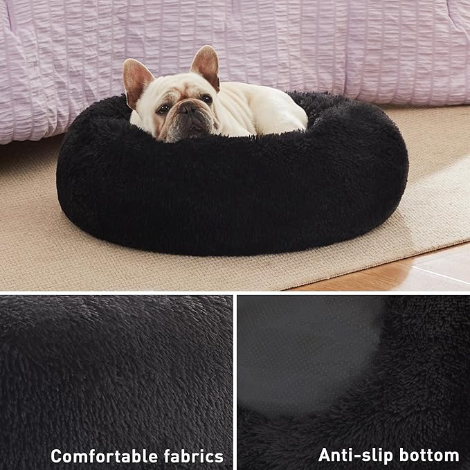 Love's cabin Calming Cat Bed for Indoor Cats,Anti-Anxiety Donut Round Dog Bed,Fluffy Faux Fur Washable Pet Bed for Small Medium Dogs and Cats,Black,20in