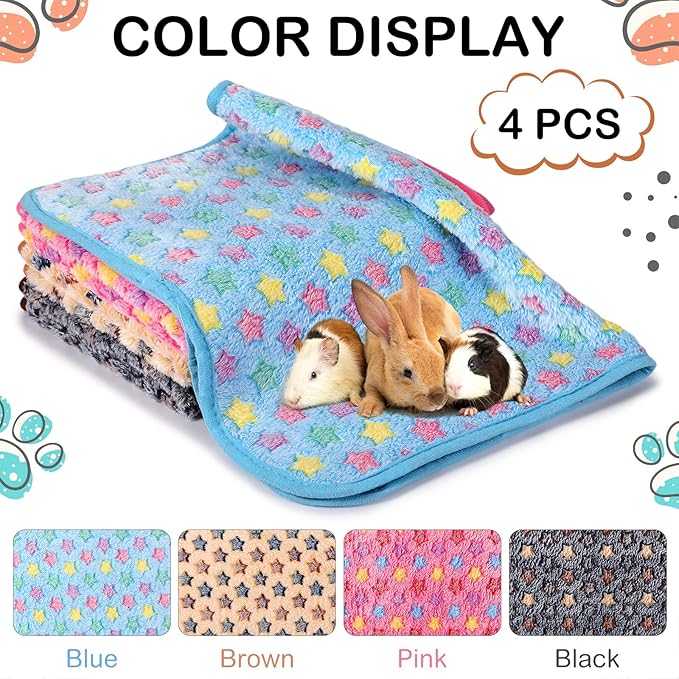 Reginary 4 Pcs Waterproof Guinea Pig Blankets Washable Small Animal Fleece Bedding Absorbent Guinea Pig Cage Liners Reusable Pet Pee Pad Sleep Mat for Hamster Ferret(Star Pattern,28 x 56 Inch)