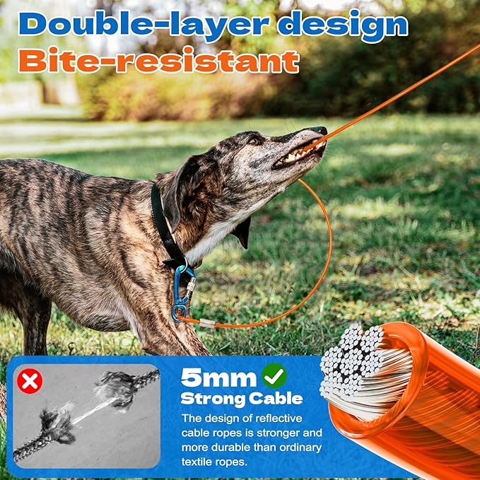 50ft Dog Runner for Yard Large Dog Heavy Duty with Double Shock Absorbers Tangle-Free Aerial Trolley System for Large Dogs Up to 250lbs(Orange)