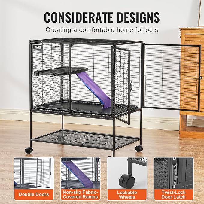 VEVOR 34" Rolling Metal Ferret Cage, Large 2-Tier Critter Nation Cage, Small Animal Cage with Ramps & Tray, Easy to Set up for Pet Mice, Hamster, Guinea Pig, Chinchilla, Squirrel, Hedgehogs, Bunny