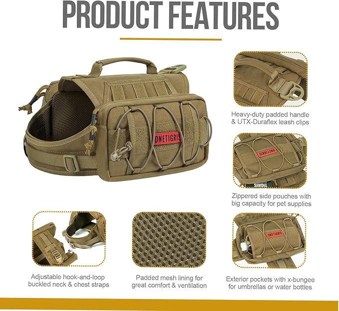 OneTigris Dog Backpack for Medium & Large Dogs, Nylon Backpack for Dogs Tactical Pet Backpack with Side Pockets for Hiking Walking Training Running (Brown, Large)