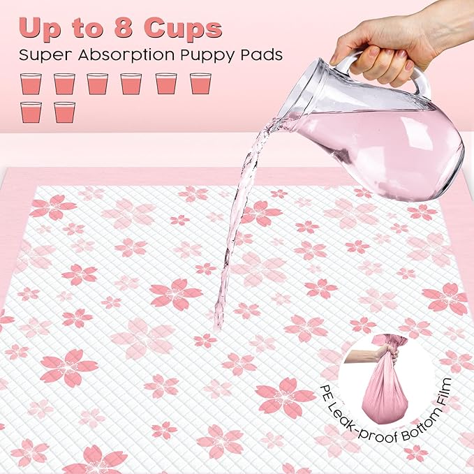 MIZOK Dog Pee Pads 28x34in Pink, Puppy Pads Extra Large Absorbent with Adhesive Tabs 6-Layer Leak-Proof Quick-Dry Design Odor Control for Potty Training, Cherry Blossom Prints (40 Counts)