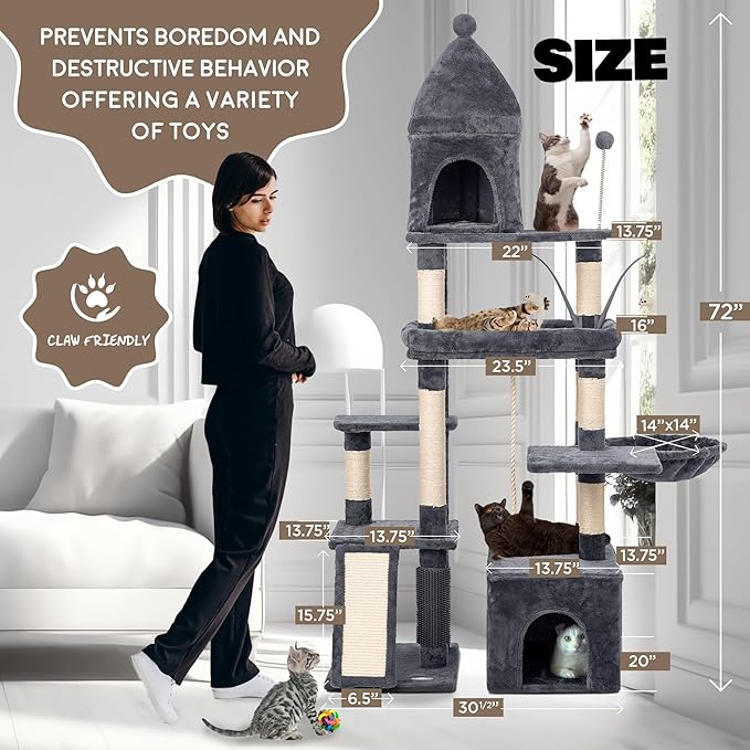 Large Cat Tree Tower for Large Cats, Cat Scratching Post, Self Grooming Post, Interactive Cat Toys, Oversized Perch and Basket, Heavy Duty 72", Dark Grey