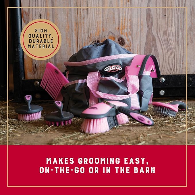 Weaver Leather Horse Grooming Kit, 7-piece Horse Brush Set with Organizer Tote Bag, Equine Care, Horse Tack Room Equipment, Grooming Horse Supplies, Gray/Pink