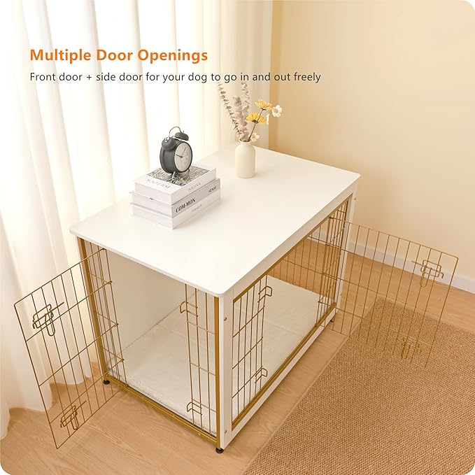 DWANTON Dog Crate Furniture with Cushion, Wooden Kennel Table with Double Doors, Indoor Dog House, Large Size, 38.5" L, White
