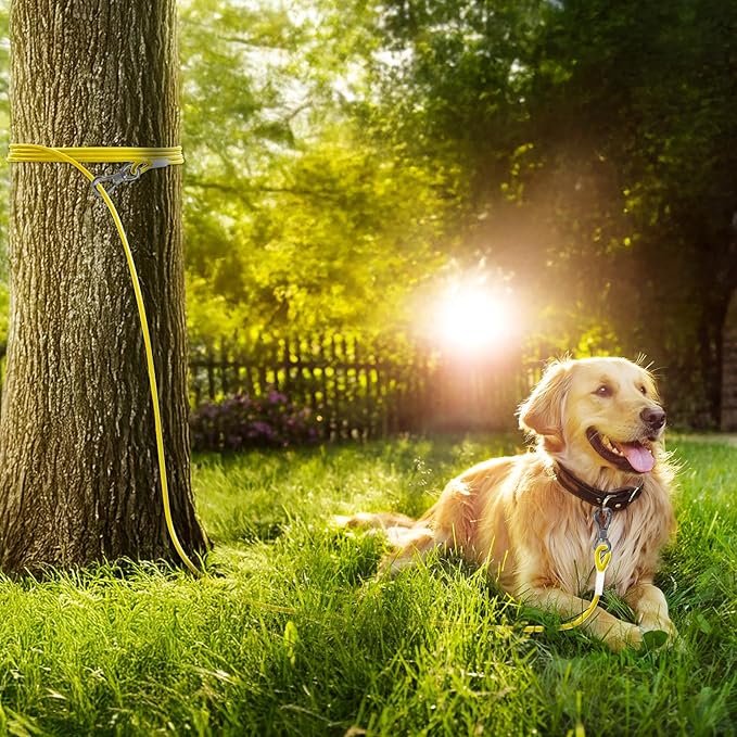 Tresbro 30FT Reflective Tie Out Cable for Dogs Up to 250 Pounds, Steel Wire Lead Leash Cable with Stainless Rotatable Buckle, Lightweight and Enduring, Dog Chains Outside for Outdoor, Yard, Yellow