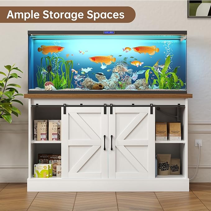 55-75 Gallon Fish Tank Stand with Sliding Barn Doors & Power Outlet, Heavy Duty Aquarium Stand with Cabinet Storage for Fish Tank, Turtle Tank, Reptile Terrarium, 1000LBS Capacity, White