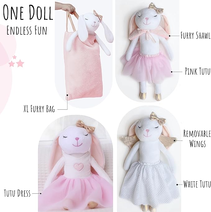 Perfectto Design Bunny Ballerina Stuffed Animal for Girls, Plush Toy Doll - Cute Doll Set Dress Up for 3 4 5 Year Old Girl - Gift for Little Girl, Birthday, Christmas Age 3-9