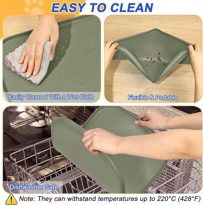 Silicone Pet Feeding Mat with Raised Edge for Food and Water, Dog Bowl Mats, Cat Bowls Placemat with High Lip for Floor Waterproof, Rubber Tray for Cats and Dogs 24 x 16 x0.8 Light Olive Green