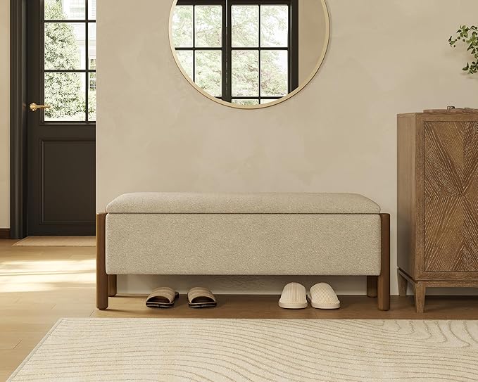 Storage Ottoman Bench, End of Bed Bench for Bedroom, 47" Boucle Upholstered Entryway Shoe Seat Bench, Holds up to 660 lb Storage Ottoman, Padded Blanket Chest Stool Foot Rest for Living Room Beige