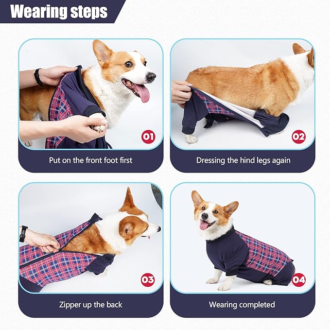 Dog Recovery Suit, Abdominal Wound After Surgery Wear, Anti Licking Bodysuit with Zipper, E-Collar & Cone Alternatives, Plaid Dog Spay Surgical Onesie Prevent Shedding(XL, Red)