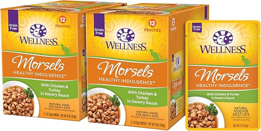 Wellness Healthly Indulgence Morsels Adult Wet Cat Food, Natural, Protein-Rich, Grain Free, 3 Ounce Pouch, 24 Pack, (Chicken & Turkey)