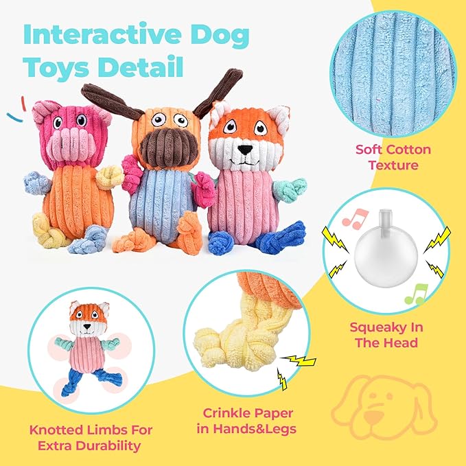 3pcs Dog Squeaky Toys, Plush Stuffed Puppy Chew Toy for Extended Play, Interactive Toys Gifts for Small Medium Large Chewer Dogs, Pet Toy Bulk to Keep Them Busy(Dog&Fox&Pig)