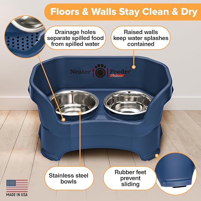 Neater Pet Brands Neater Feeder Deluxe Mess Proof Dog Bowls Elevated for Medium Dogs 19-40 lbs, Made in USA, No Spill Raised Dog Food Bowl Stand Feeding Station, Food and Water Bowl Set, Dark Blue