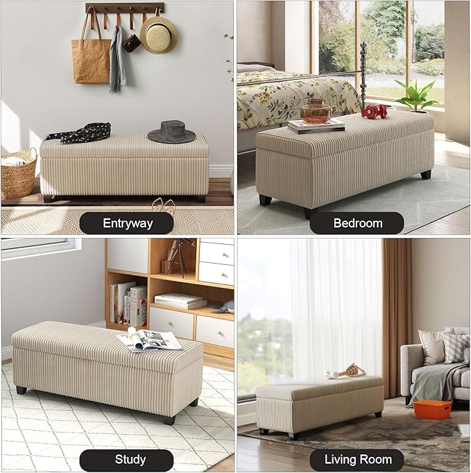 48" Ottoman with Storage, Corduroy Storage Ottoman Bench for Bedroom, End of Bed Bench with Safety Hinge for Living Room, Bedroom, Entryway, Beige