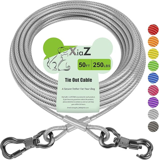 XiaZ Dog Tie Out Cable 50ft, Outdoor Runner Lead Chain Tether for Small Medium Large Dogs, 5mm Diameter Cable,11000 lbs Break Strength, Reflective Silver