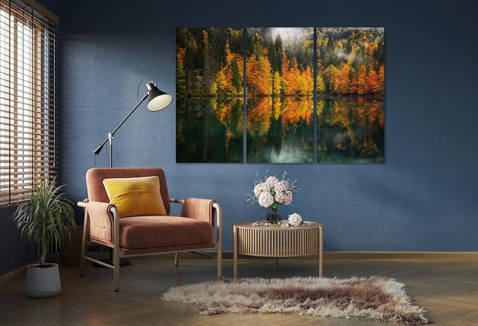 Nature Wall Art Prints - Ocean Forest Mountain Lake Canvas Landscapes - Small to Extra Large Living Room Bedroom Kitchen Bathroom Décor (Autumn by the Lake, 35L" x 53W" - 3 Panels)
