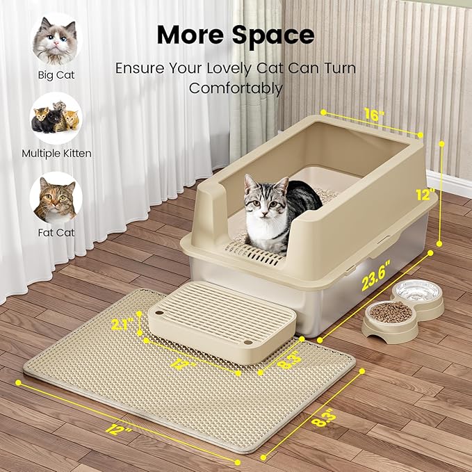 Stainless Steel Cat Litter Box - Enclosed XL Metal Kitty Litter Box with Lid for Big Cats, High Sided, Anti-Leakage, Easy Cleaning, Non-Sticky, Included Spoon & Aisle (Khaki)