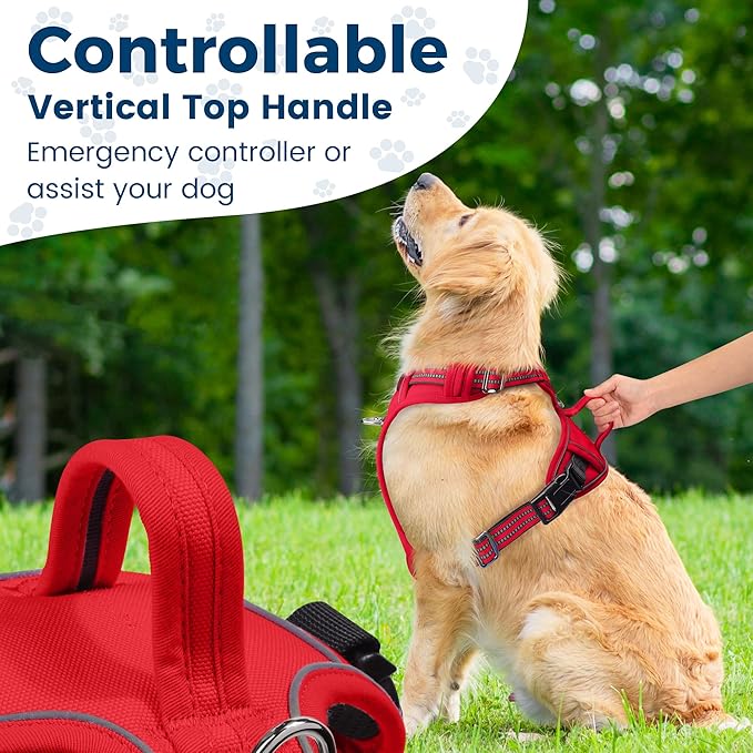 Funfox Dog Harness No Pull, Adjustable Pet Vest Harness, Super Soft Material with Vertical Handle Easy Control, Reflective Night Walking, 2 Leash Clips for XLarge Dogs, Red, XL