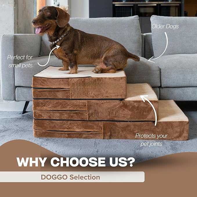 All-in-One Adjustable Dog Stairs – 5-Step Premium Pet Ramp for Small to Large Dogs – Sturdy, Non-Slip & Versatile for Beds, Sofas & More - Soft Cover, Modern Design (Brown)