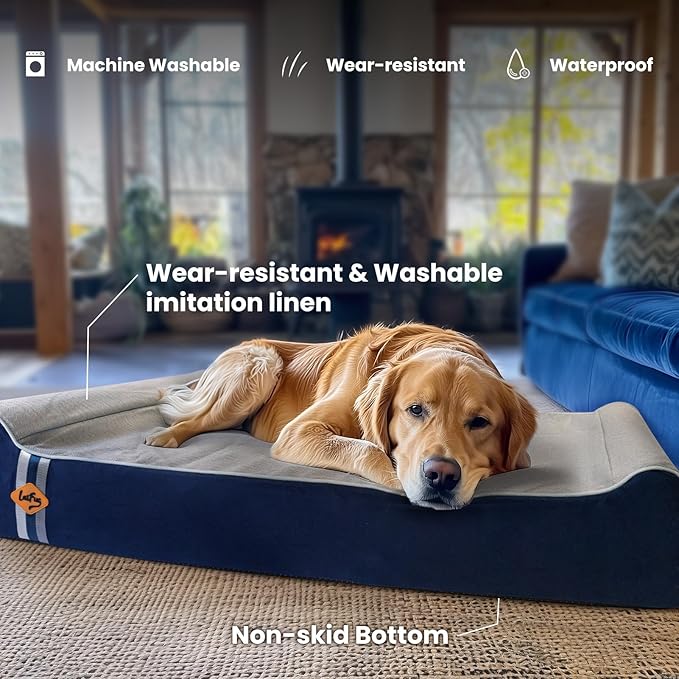 Laifug Orthopedic Memory Foam Extra Large Dog Bed Pillow (50"x36"x10", Gray Blue) Durable Waterproof Lining and Removable Washable Cover and Smart Design