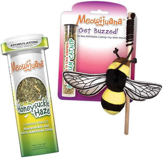 Meowijuana Honey Bee Bundle | Get Buzzed Honey Bee Wand Toy and Honeysuckle Haze Catnip Blend | Promotes Play and Cat Health | Includes North American Organic Catnip