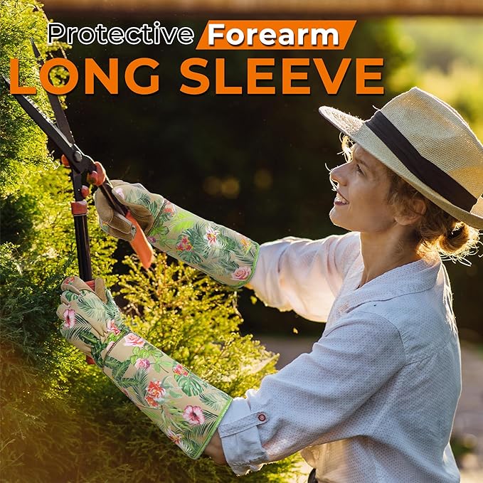 HANDLANDY Leather Gardening Gloves for Women, Thorn Proof Breathable Ladies Rose Pruning Garden Gauntlet Yard Gloves, Gift for Gardeners (Khaki, XL)