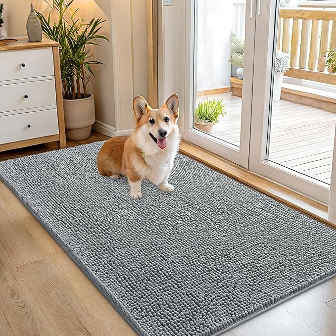 OLANLY Dog Door Mat for Muddy Paws 54x32, Absorbs Moisture and Dirt, Absorbent Non-Slip Washable Doormat, Quick Dry Chenille Mud Mat for Dogs, Entry Indoor Entryway Carpet for Inside Floor, Grey