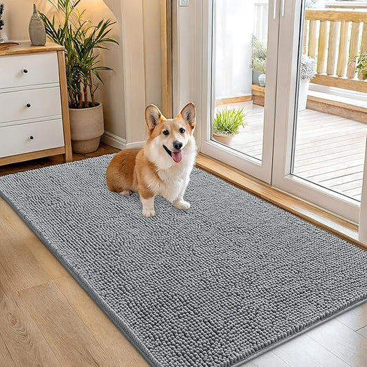 OLANLY Dog Door Mat for Muddy Paws 54x32, Absorbs Moisture and Dirt, Absorbent Non-Slip Washable Doormat, Quick Dry Chenille Mud Mat for Dogs, Entry Indoor Entryway Carpet for Inside Floor, Grey