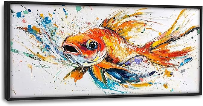 Framed Large Fish Wall Art for Living Room, Oversized Graffiti Goldfish Wall Decor Watercolor Fishing Canvas Painting Modern Artwork Home Decoration for Living Room Bedroom Office 60"x30"