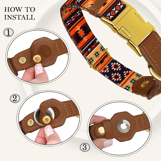 AirTag Dog Collar for Small Medium Large Breed - Adjustable Cute Pattern Dog Collar with Airtag Holder - Soft Leather Tracker GPS Apple Air Tag Pet Collars (Medium, 14"-18" Neck Fit, Western)