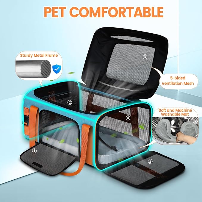 Petskd Top-Expandable Pet Carrier with Wheels 19x13x9 Inches Southwest Allegiant Airlines Approved, Soft-Sided Carrier for Small Dog Under 12 lbs and Large Cat Under 15 lbs(Blue)