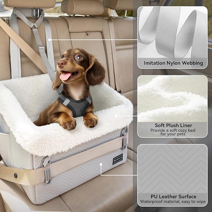 PETSFIT Small Dog Car Seat, Waterproof PU Leather Dog Booster Car Seat with Patented Safe Buckles, Pet Carseat for Medium or Small Sized Pets up to 30 lbs (Grey)
