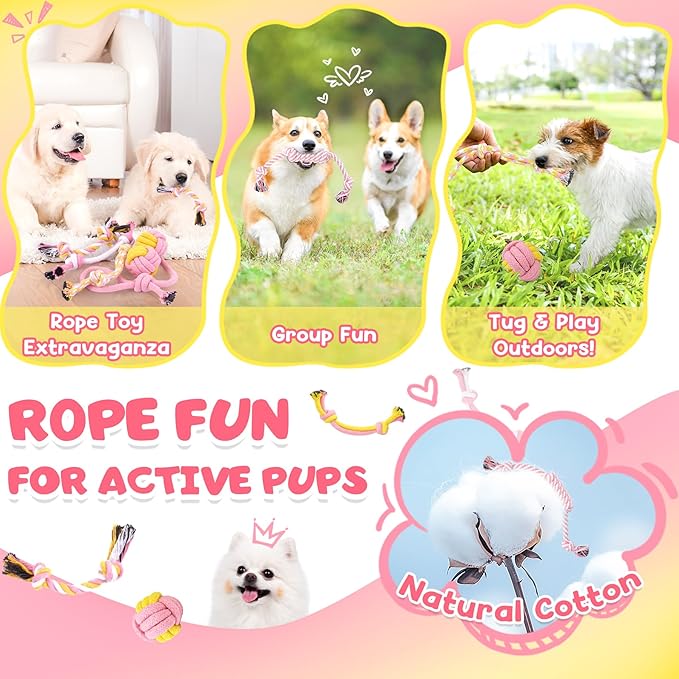 KIPRITII 25-Pack Pink Dreamy Dog Toy Set for Small Female Puppies - Includes Sweet Rope Toys, Chew Toys, Cute No-Stuffing Squeaky Dog Toy for Boredom and Teething