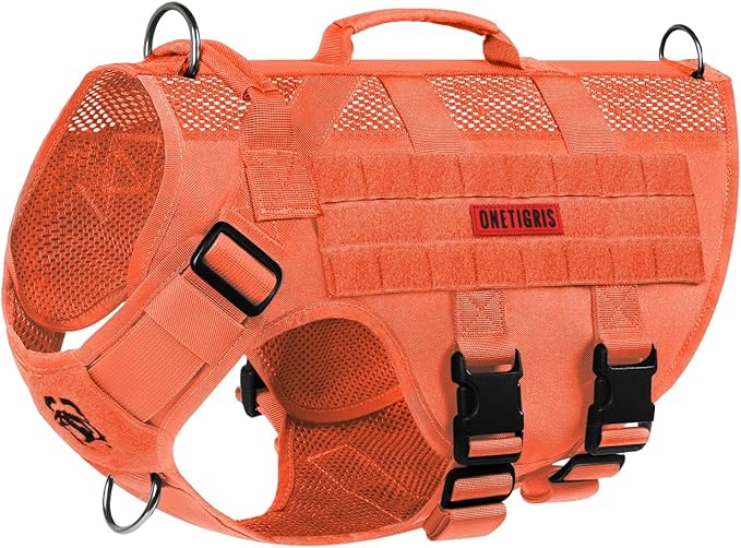 OneTigris No Pull Tactical Dog Harness for Large Dog, Mesh Design Breathable Service Dog Vest with Handle, Military Dog Vest Harness with Molle Panels for Walking Hiking Training (Orange, Large)