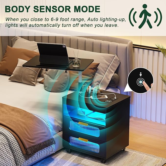 HNEBC Nightstand with Wireless Charging Station, LED Nightstand Has Adjustable Rotary Workstation,Smart Night Stand with 2 Drawers,Modern Bedside Table for Bedroom, Sensor Light/Wheel (Black)