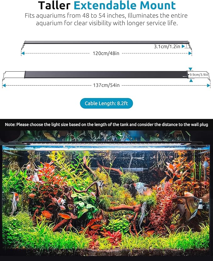 Plant Growth Aquarium Light, 24/7 Custom Timer, Power-Off Memory, 48-54in Full Spectrum Aquarium Plant Lights, 7-Row LED 8 Colors, 20 Adjustable Brightness, Day & Night Cycle for Freshwater