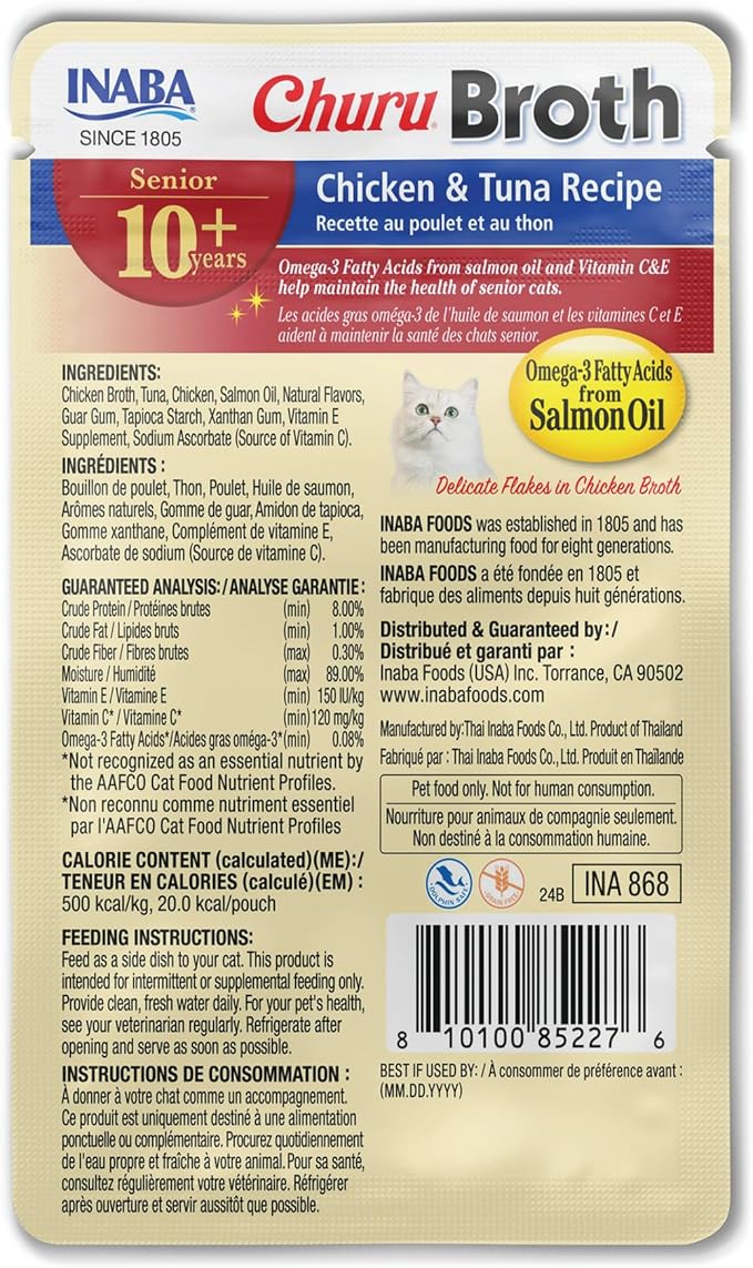 INABA Churu Broth for Cats Senior 10+, Side Dish Pouch, 1.4 Ounces per Pouch, 12 Pouches Total, Chicken & Tuna Recipe