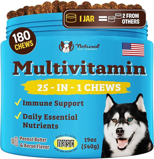 Natural Dog Company 25 in 1 Multivitamin Chews (180 Pcs) Dog Vitamins & Supplements, Peanut Butter & Bacon Flavor, Dogs, Supports Immune System, Antioxidant, Vitaminas para Perros, Multi Dog Families