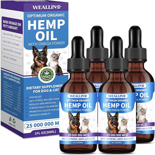 Hemp Oil for Dogs and Cats - Omega-3, 6, 9 Rich Organic Extract - Eases Pet Anxiety, Pain, Skin & Coat Health - Stress Relief, Hip & Joint Support - Calming Treats (4 Pack)