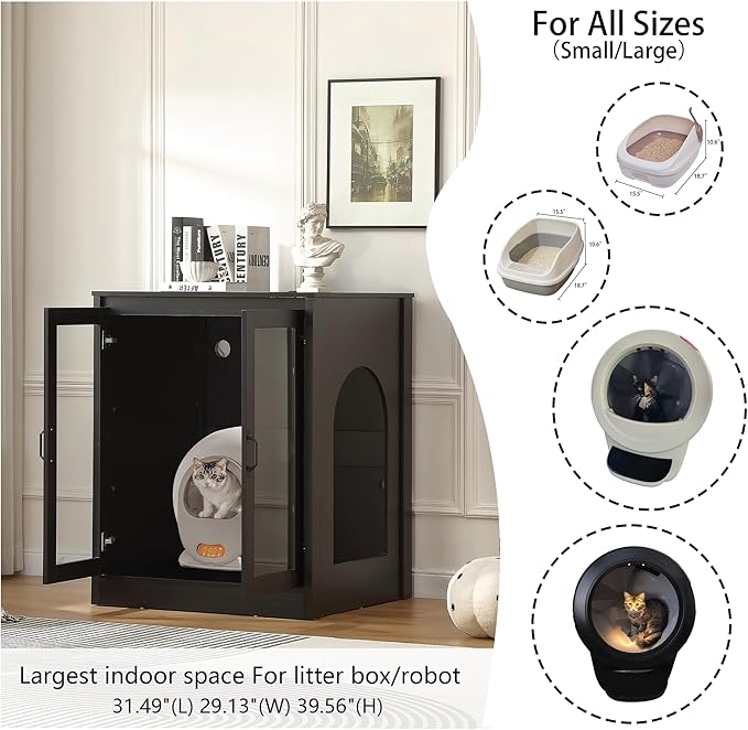 Cat Litter Robot Enclosure with Glass Cat-Observant Doors,Litter Robot Cabinet with Reversible and Optional Entry(Left or Right),Cozy LED for Cats,Power Outlet for More Choice, Black