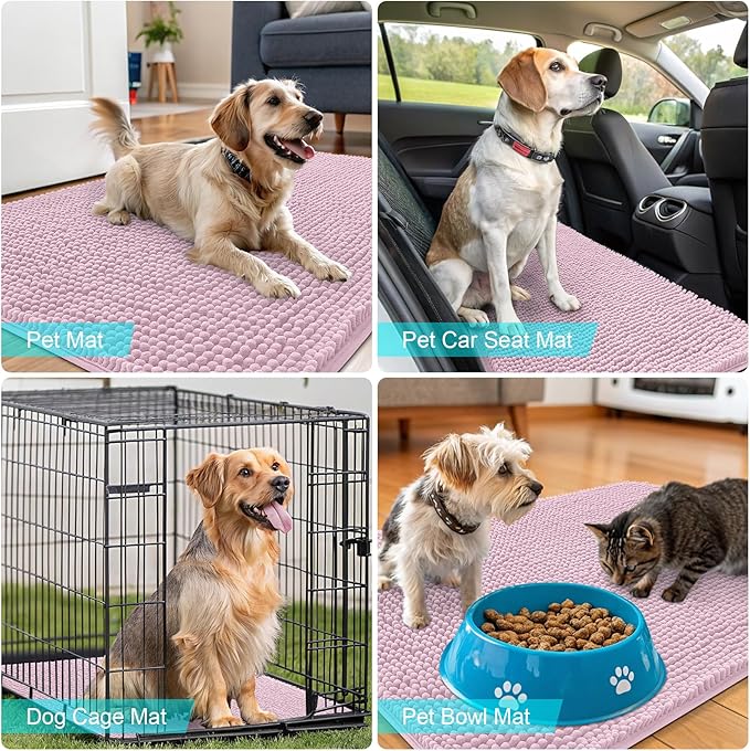 OLANLY Dog Door Mat for Muddy Paws 47x17, Absorbs Moisture and Dirt, Absorbent Non-Slip Washable Doormat, Quick Dry Chenille Mud Mat for Dogs, Entry Indoor Entryway Carpet for Inside Floor, Dusty Rose