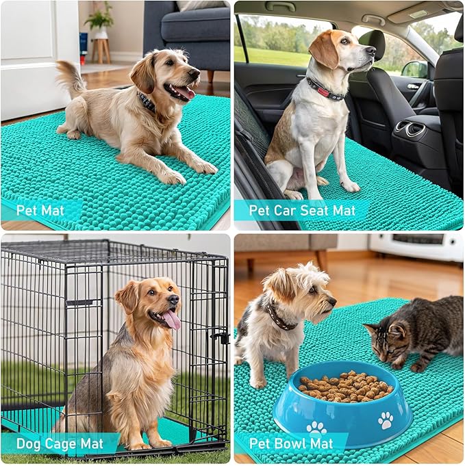 OLANLY Dog Door Mat for Muddy Paws 44x24, Absorbs Moisture and Dirt, Absorbent Non-Slip Washable Doormat, Quick Dry Chenille Mud Mat for Dogs, Entry Indoor Entryway Carpet for Inside Floor, Teal