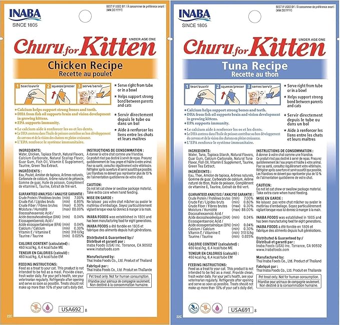 INABA Churu for Kittens, Creamy, Purée Lickable Cat Treats with DHA, EPA, Vitamin E & Taurine, 0.5 Ounces Each, 48 Tubes (4 per Pack), Tuna and Chicken Variety