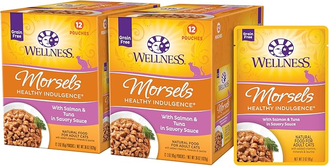 Wellness Healthly Indulgence Morsels Adult Wet Cat Food, Natural, Protein-Rich, Grain Free, 3 Ounce Pouch, 24 Pack, (Salmon & Tuna)