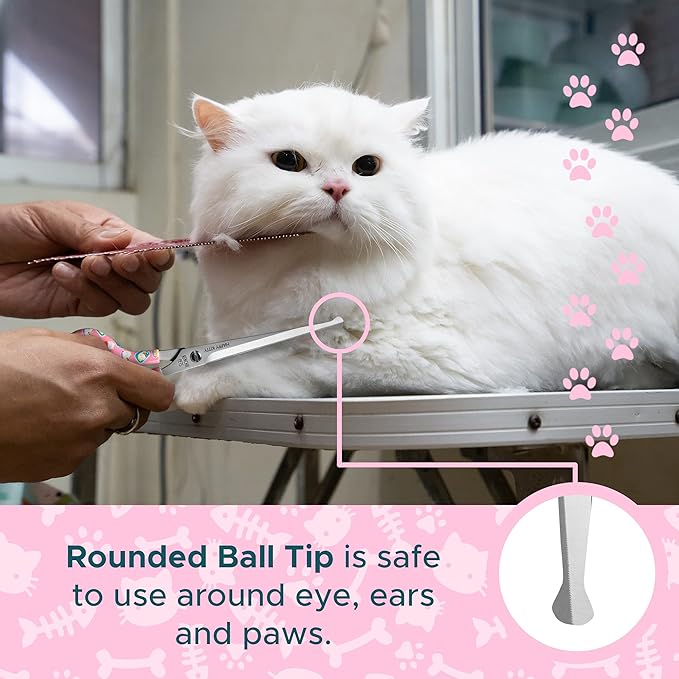 Kenchii Happy Kitty Ball Tip Shears Trimming Scissors for Cats | Pet Grooming Kitten Essentials | Stainless Steel Safety Blunt Tip Scissors | 5.5 In