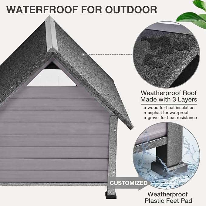 Large Dog House Outdoor Indoor All-Around Iron Frame Design Dog House with Porch＆Raised Feet for Small Medium Large Dogs（Grey）