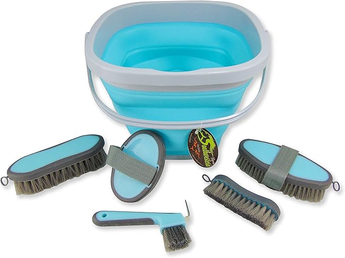 Collapsible Grooming Kit 10 Liter Bucket and 5 Grooming Tools by Southwestern Equine (Turquoise)