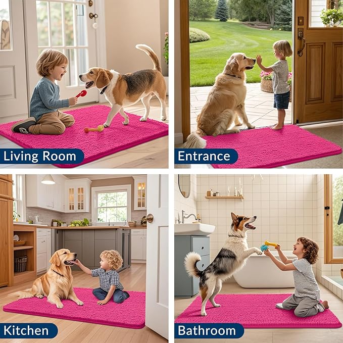Smiry Dog Door Mat for Muddy Paws 48x30, Absorbs Moisture and Dirt Doormat, Non-Slip Washable Quick Dry Chenille Front Door Mat Indoor Entrance, Entryway Carpet for Inside Floor, Hot Pink